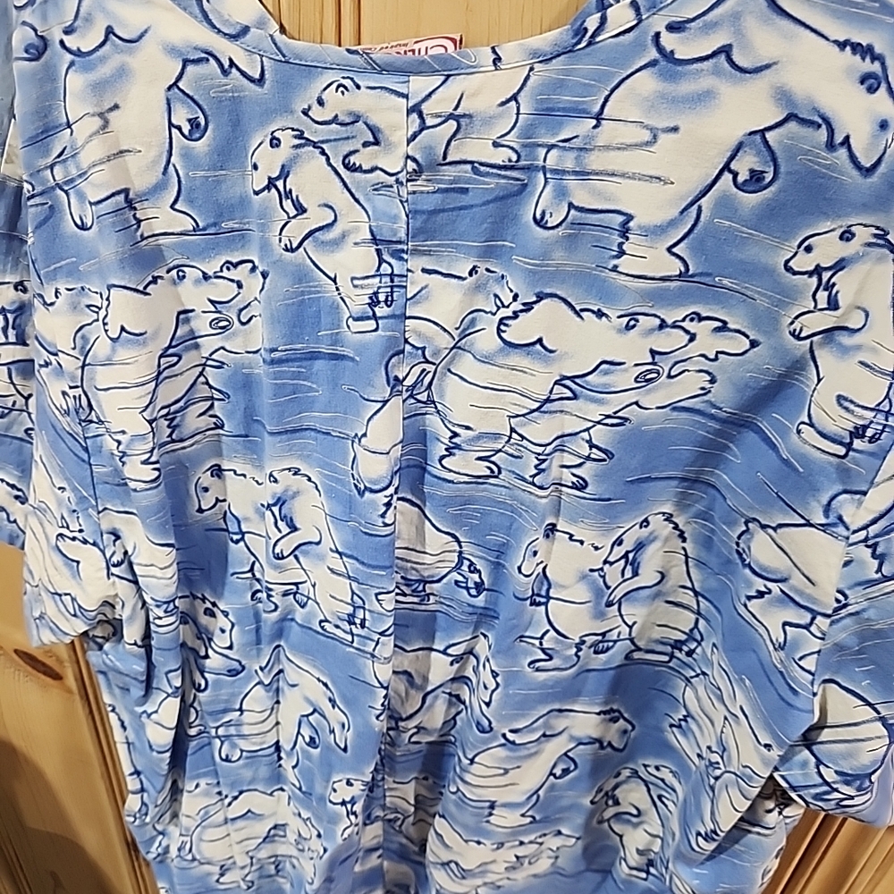 Blue and White Graphic Print  ScrubTop